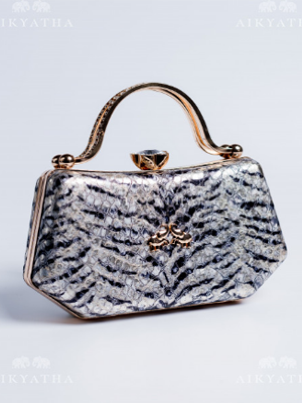Aikyatha Black and silver stripe Leather Clutch - 0033N600190019