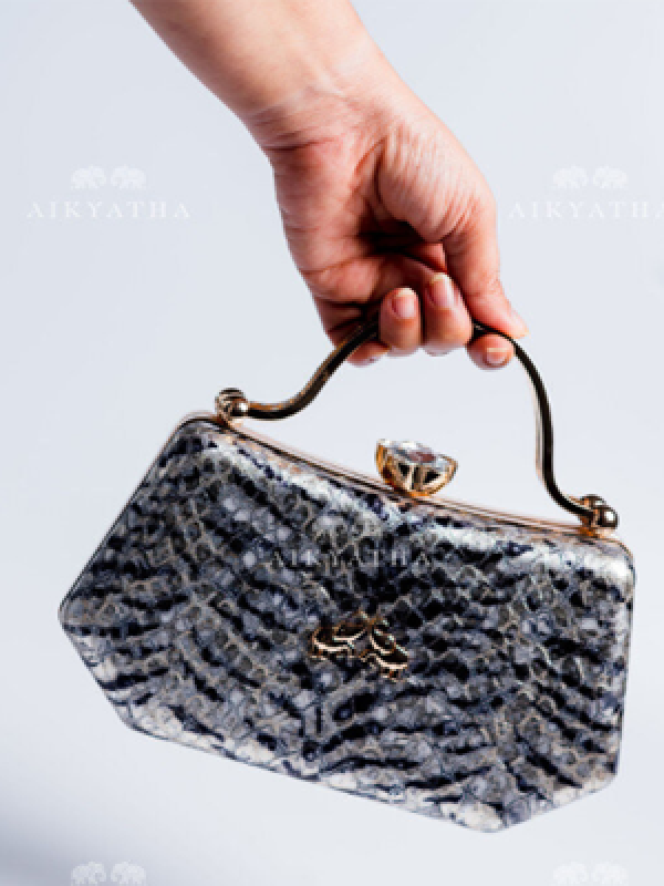 Aikyatha Black and silver stripe Leather Clutch - 0033N600190019