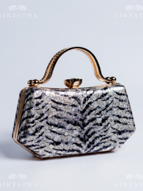 Aikyatha Black and silver stripe Leather Clutch - 0033N600190019