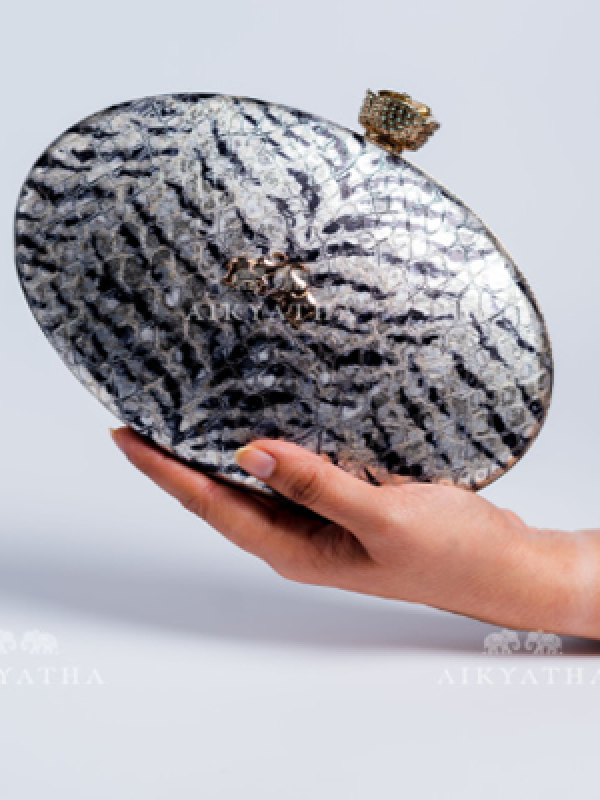 Aikyatha Black and Silver Stripe Leather Clutch - 0033N600190049