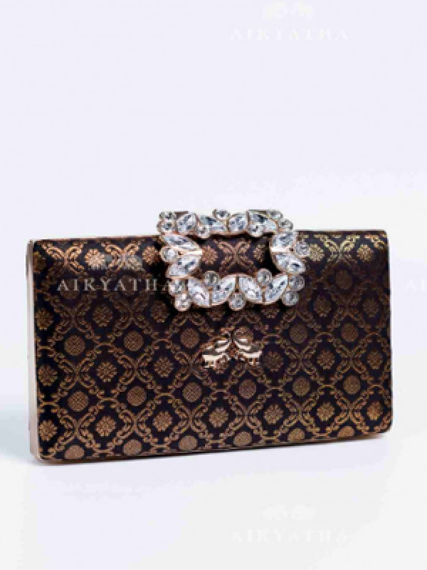 Aikyatha Black Kanjivaram Clutch - 0033N600190103