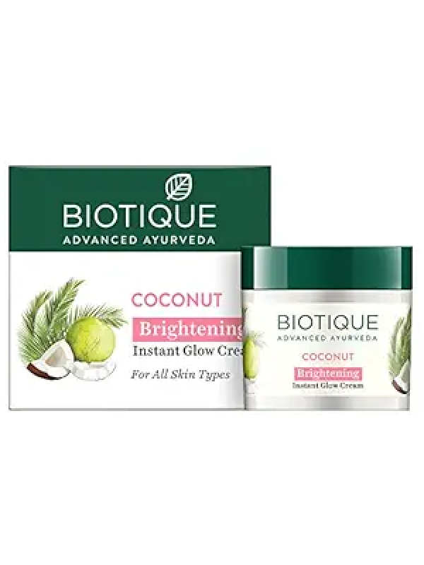 Biotique Coconut Brightening Instant Glow Cream| Lightweight and Non-Greasy | Reduces Dark Spots and Protects Ageing | Nourished and Moisturized Skin |100% Botanical Extracts| All Skin Types | 50gm