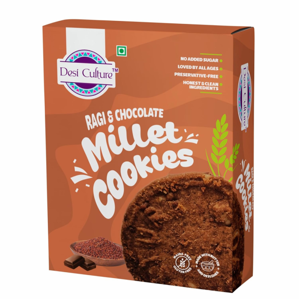 Desi Culture Ragi & Chocolate Millet Cookies | No Maida, No Palm Oil, No Refined Sugar | Jaggery Sweetened Healthy Biscuits | Gluten-Free, High Fibre | Eggless Vegetarian Tea Time Snack