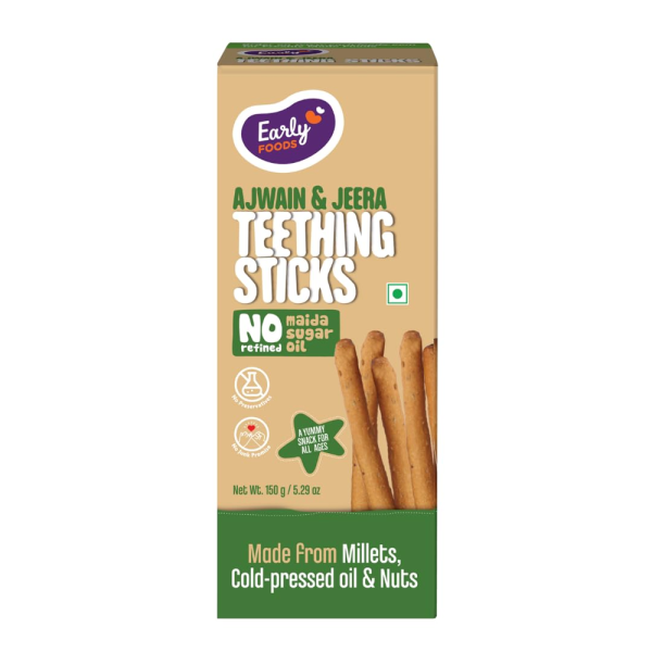 Early Foods Ajwain Teething Sticks No Refined Sugar No Maida | 100% Whole Wheat Teething Snacks | Food Teether | Sweetened with Jaggery