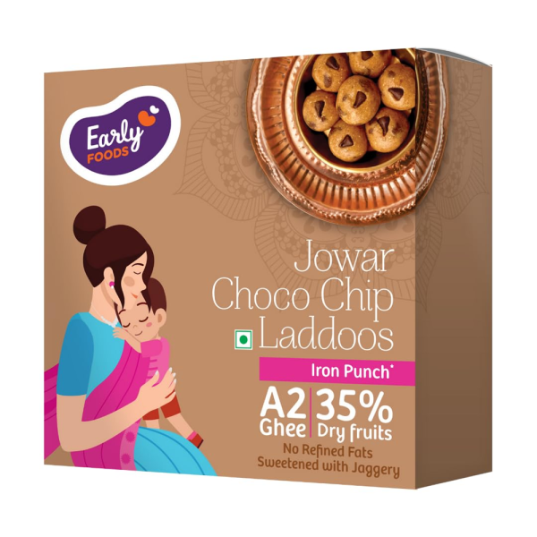Early Foods Jowar Chocolate Chip A2 Ghee Laddoos | No Palm Oil | Sugar Free Laddu | Millets & 35% Dry Fruits & Seeds, High Protein | Kids Snack, School Tiffin & Travel Snacks for Kids | Energy Bar Replacement