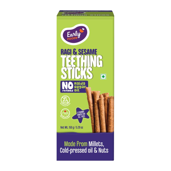 Early Foods No Refined Sugar, No Maida Ragi Teething Sticks | Sweetened with Jaggery | 100% Whole Wheat & Ragi Teething Snacks | Food Teether
