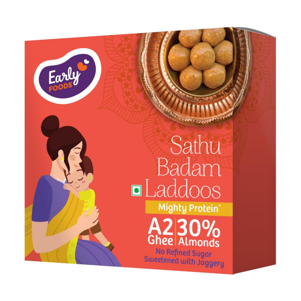Early Foods - Sathu Badam A2 Ghee Laddoo | 30% Almonds, High Protein | Sattu Atta ladoo | Sugar free sweets | No Palm Oil | Best Adults & Kids Snacks, Lunch Box & Travel Snacks for Kids | Energy Bar Replacement