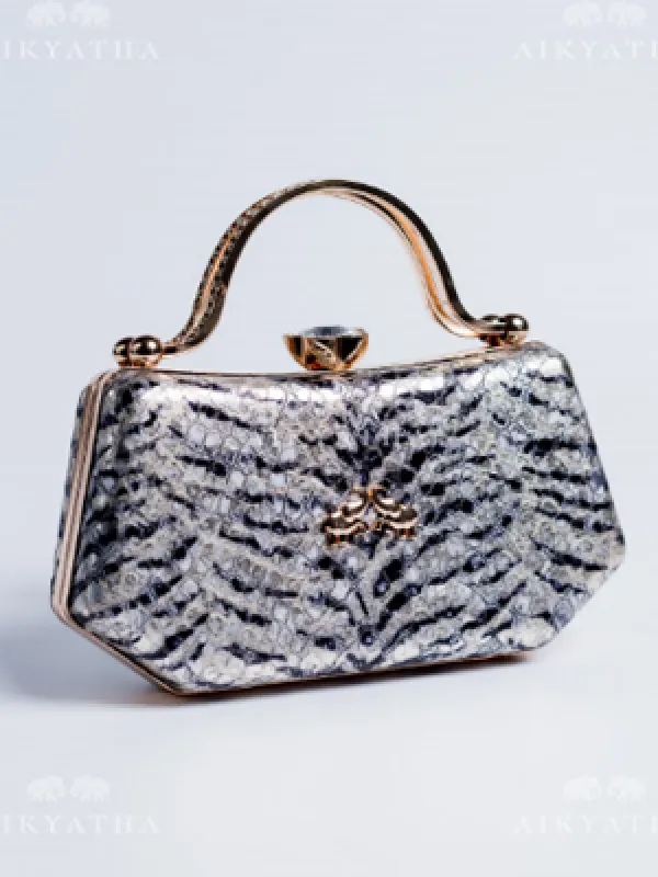 Aikyatha Black and silver stripe Leather Clutch - 0033N600190019