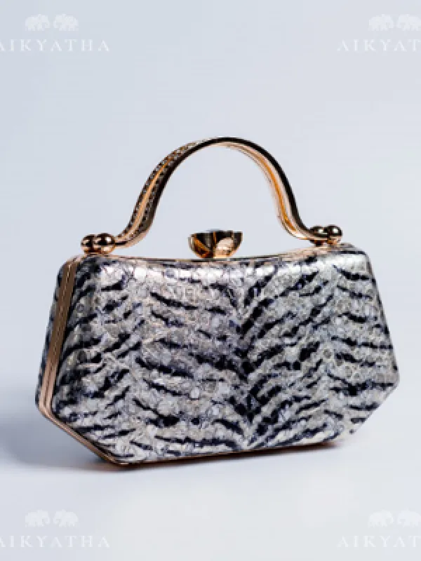 Aikyatha Black and silver stripe Leather Clutch - 0033N600190019