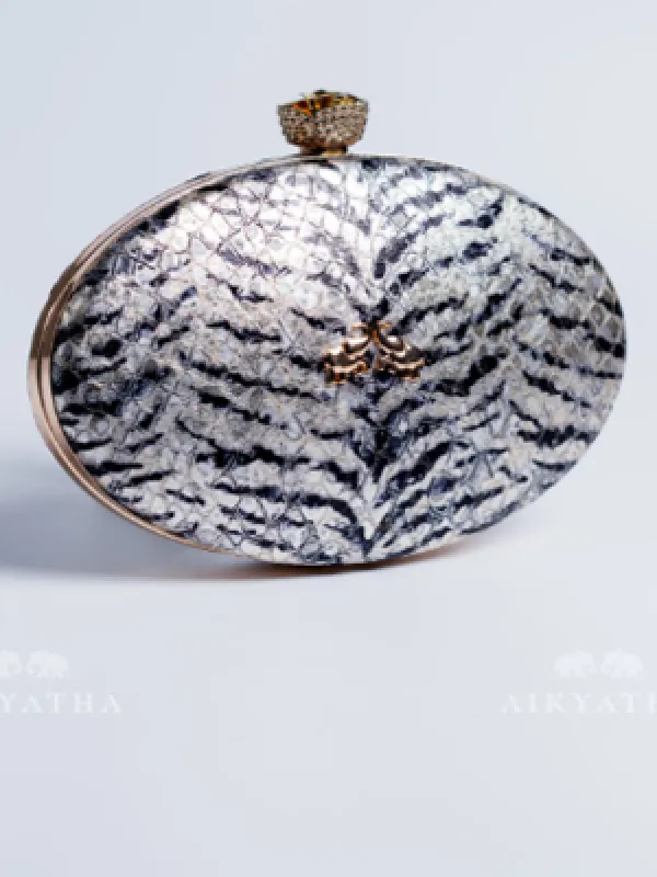 Aikyatha Black and Silver Stripe Leather Clutch - 0033N600190049