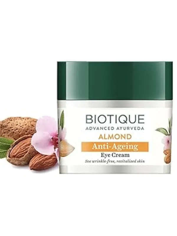 Biotique Almond Anti-Ageing Eye Cream| Ayurvedic and Organically Pure| Under Eye Cream for Dark Circles| Reduces Puffiness and Wrinkles |100% Botanical Extracts| Suitable for All Skin Types | 15gm