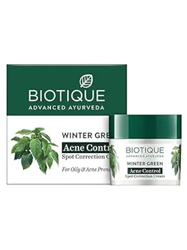 Biotique Bio Winter Green Spot Correcting Anti Acne Cream | Acne Control | Spot Correction Clears Blemishes |Enhances Skin Texture | 100% Botanical Extracts| Suitable for All Skin Types | 15G