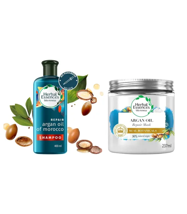 Herbal Essences bio:renew Argan Oil of Morocco SHAMPOO, 400ml, No Parabens No Colourants and Herbal Essences, Argan Oil Hair Mask, 237ml, For Dry, Damaged,Frizzy Hair |Hair Mask for Men & Women