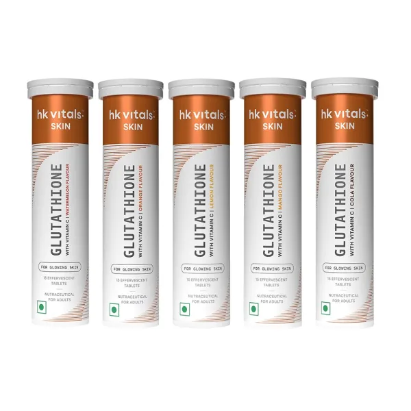 hk vitals Glutathione (Orange, Watermelon, Lemon, Mango and Cola, 15 Effervescent Tablets) | L-Glutathione Tablets with Vitamin C & E | For Skin Glow & Hydration (Pack of 5)