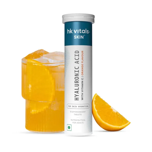 hk vitals Hyaluronic Acid (Orange, 15 Effervescent Tablets) | 500mg Hyaluronic Acid with 65mg Vitamin C | Supports Skin Hydration, Glow & Collagen Synthesis