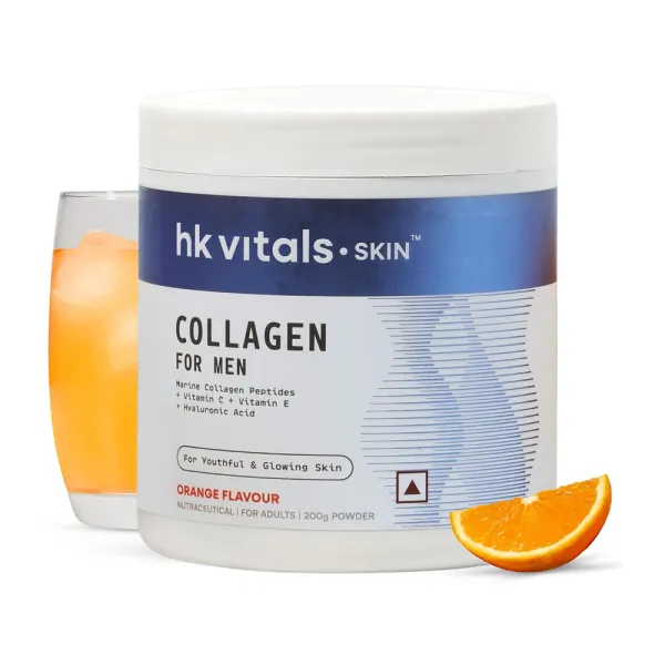 hk vitals Marine Collagen for Men Supplement (Orange, 200g) | Vitamin C, E, Sodium Hyaluronate | For Youthful & Glowing Skin