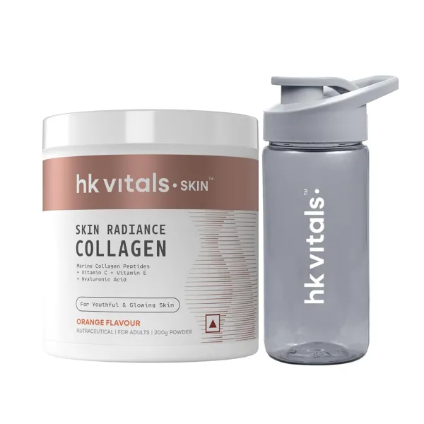 hk vitals Marine Collagen Supplement (Orange, 200g) & Sipper Bottle (Grey, 300ml) Combo Pack | With Vitamin C & E | For Healthy Skin, Hair & Nails