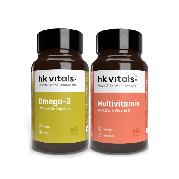 hk vitals Omega 3 Supplement & Multivitamin (60 Tablets Each) Combo Pack | For Men and Women