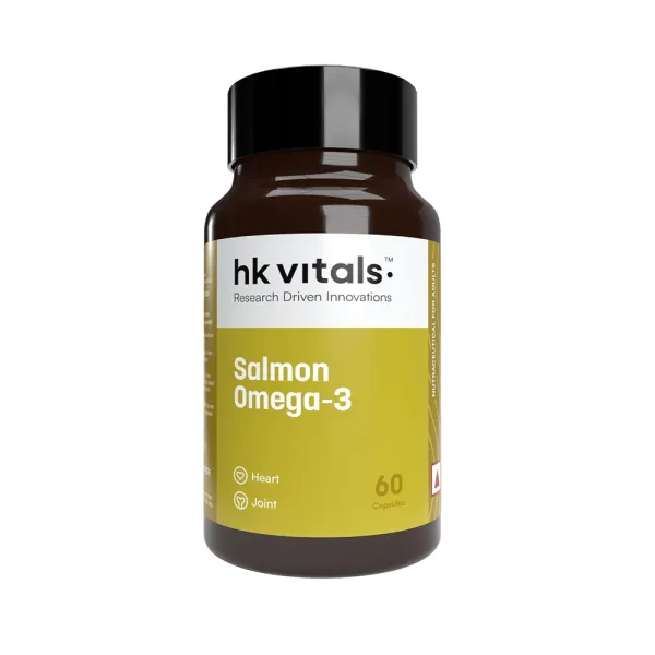 hk vitals Salmon Omega 3 (60 Capsules) | 1000mg Omega 3 Fish Oil For Men and Women with 180mg EPA & 120mg DHA | For Joints, Brain, and Eyes Health