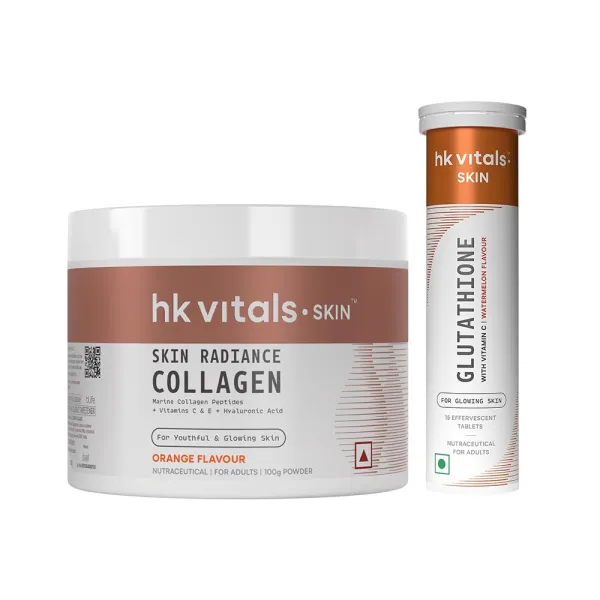 hk vitals Marine Collagen Supplement (Orange, 100g) & Glutathione Effervescent (Watermelon, 15 Tablets) | Combo Pack