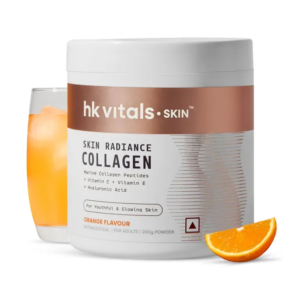 hk vitals Skin Radiance Marine Collagen Supplement Powder (Orange, 200g) | Collagen Peptides with Vitamin C, E
