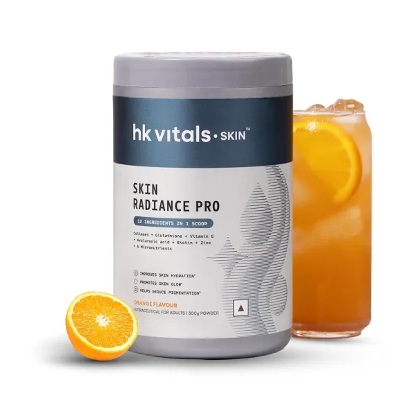 hk vitals Skin Radiance Pro Marine Collagen Supplement Powder (Orange, 300g) | Collagen Peptides with Glutathione, Biotin, Vitamin C, E
