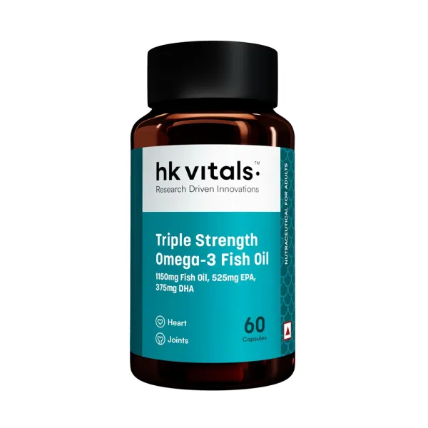 hk vitals Triple Strength Omega-3 Fish Oil Supplement (60 Capsules) | For Men and Women, 525mg EPA & 375mg DHA | For Healthy Heart & Joints