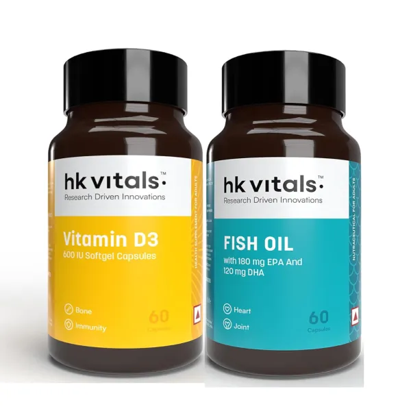 hk vitals Vitamin D3 (600 IU) & Fish Oil (1000mg Omega 3 with 180mg EPA & 120mg DHA) (60 Tablets Each) | Combo Pack