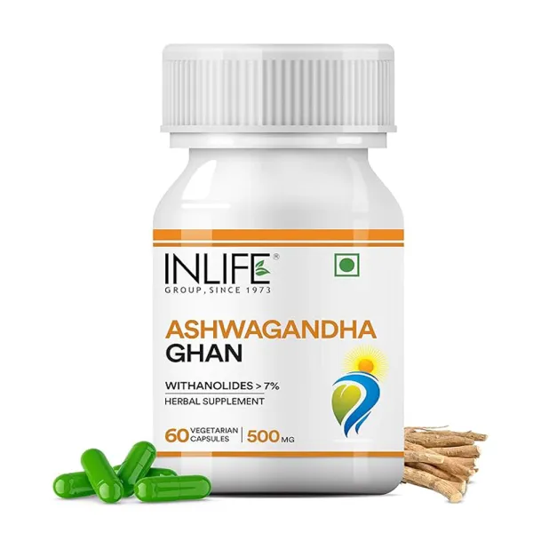 Inlife Ashwagandha Extract (Withania Somnifera) with > 7% withanolides| Ayurvedic Supplement | 500mg - 60 Vegetarian Capsules (Pack of 1, 60)