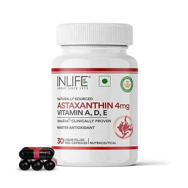 Inlife Astaxanthin 4 mg Supplement AstaZine | Natural Antioxidant Supplement with Vitamin A, D3 & E – High Absorption Formula – 30 Liquid Filled Vegetarian Capsules