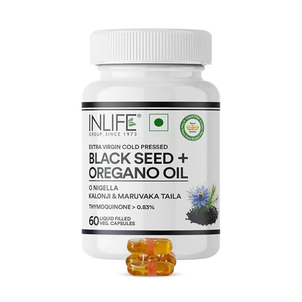 Inlife Black Seed Oil (480 mg) & Oregano Oil (20 mg, 50:1) | Extra Virgin Cold Pressed | O Nigella, Kalonji & Maruvaka Taila | 60 Liquid Filled Veg Capsules