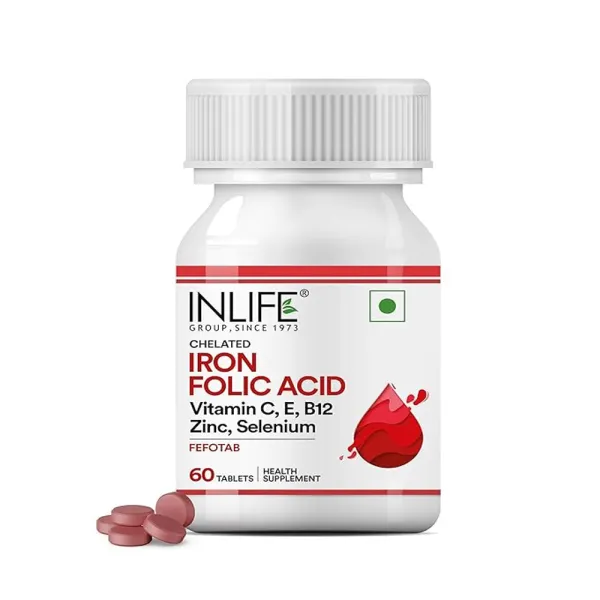 Inlife Chelated Iron Tablets For Women and Men | Ferrous Bisglycinate Supplement with Folic Acid, Vitamin B12, Zinc, Vitamin C & E, Selenium | Hemoglobin Nutrition - 60 Tablets (Pack of 1)