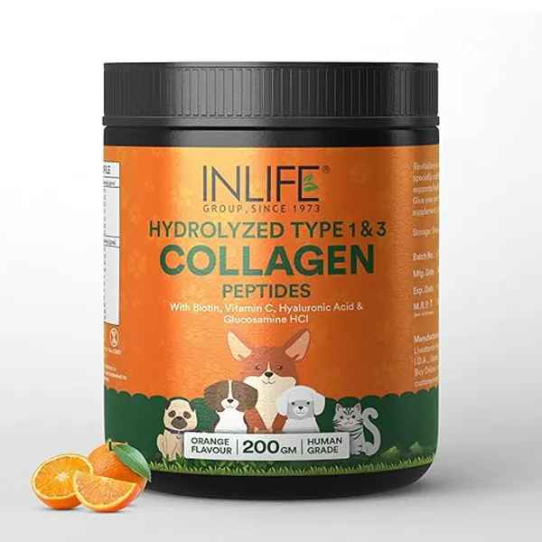 Inlife Collagen for Dogs & Cats | Hydrolysed Collagen Powder | Clinically Proven Ingredient with Biotin, Vitamin C, Hyaluronic Acid & Glucosamine | Pet Supplement (Orange)