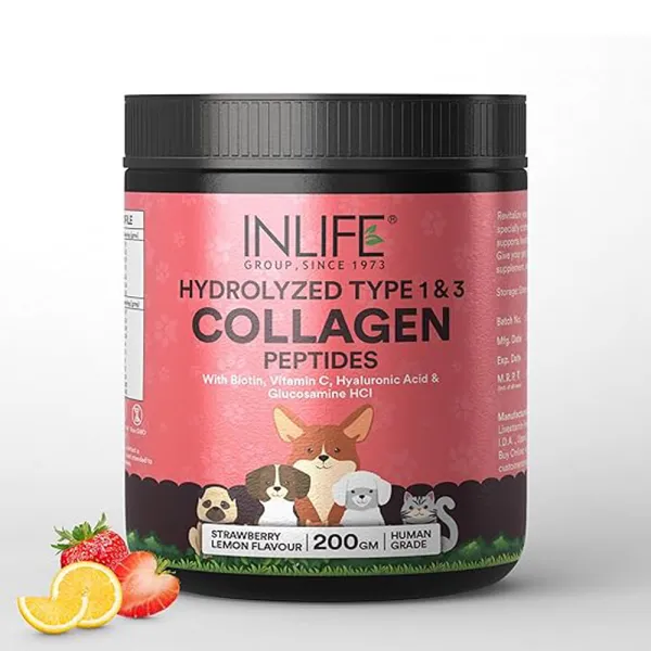 Inlife Collagen for Dogs & Cats | Hydrolysed Collagen Powder | Clinically Proven Ingredient with Biotin, Vitamin C, Hyaluronic Acid & Glucosamine | Pet Supplement (Strawberry)