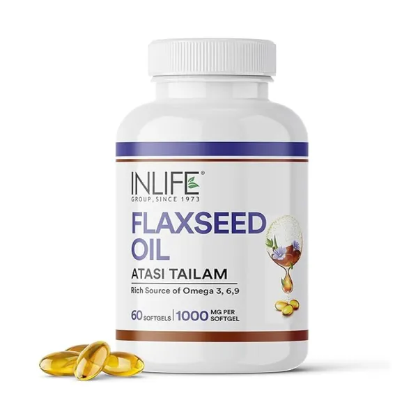 INLIFE Flaxseed Oil Capsules 1000mg | Omega 3 6 9 from Extra Virgin Cold Pressed Oil - 60 Softgels (Pack of 1)
