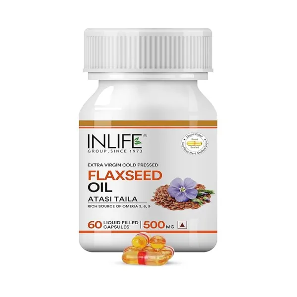 Inlife Flaxseed Oil Omega 3 6 9 Fatty Acid Supplement - Extra Virgin Cold Pressed 500 mg - 60 Capsules
