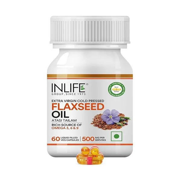 Inlife Flaxseed Oil Omega 3 6 9 Supplement, Extra Virgin Cold Pressed 500 mg - 60 Vegetarian Capsules (Pack of 1)