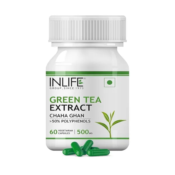 Inlife Green Tea Extract Capsules | Standardised to > 50% Polyphenols | Antioxidant | Herbal Supplement for Men Women, 500 mg - 60 Vegetarian Capsules (Pack of 1)