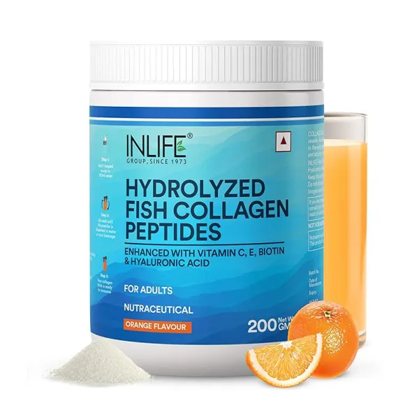 Inlife Hydrolyzed Marine Collagen Tripeptides Supplement | Vitamin C, E, Biotin & Hyaluronic Acid |200g (200g, Orange)