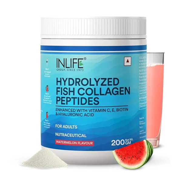 INLIFE Hydrolyzed Marine Collagen Tripeptides Supplement | Vitamin C, E, Biotin & Hyaluronic Acid |200g (200g, Watermelon)