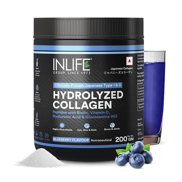 Inlife Japanese Collagen Powder | Hydrolyzed Collagen with Biotin & Hyaluronic Acid |Blueberry, 200g