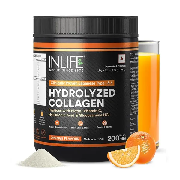 Inlife Japanese Hydrolyzed Collagen Peptides Powder Clinically Proven Ingredient, Type 1 & 3, Health Supplement for Men & Women (200g Orange)