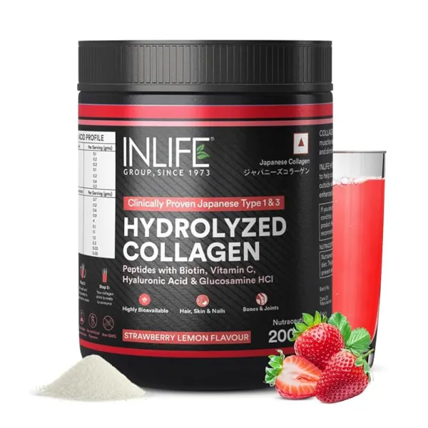 Inlife Japanese Collagen Powder | Hydrolyzed Collagen with Biotin & Hyaluronic Acid |With Clinically Proven Ingredients (Strawberry, 200g)