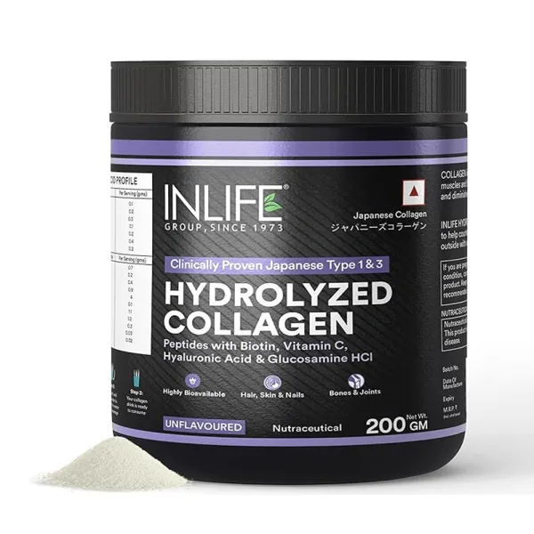 Inlife Japanese Hydrolyzed Collagen Peptides Powder Clinically Proven Ingredient, Type 1 & 3, for Men & Women (Unflavoured, Collagen, 200g)