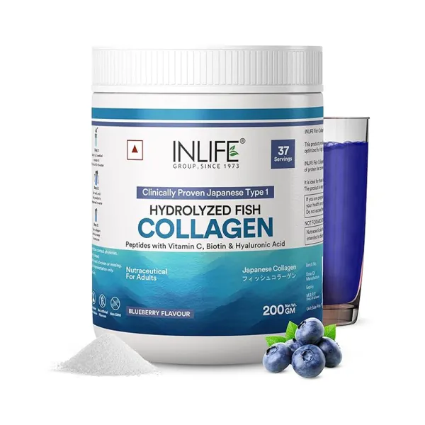 Inlife Japanese Marine Collagen Supplements for Women & Men | Clinically Proven Ingredient with Biotin, Hyaluronic Acid, Vitamin C & Glucosamine (200g, Blueberry)