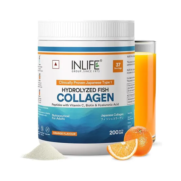 Inlife Japanese Marine Collagen Supplements for Women & Men |Clinically Proven Ingredient with Biotin, Hyaluronic Acid, Vitamin C & Glucosamine (200g, Orange)