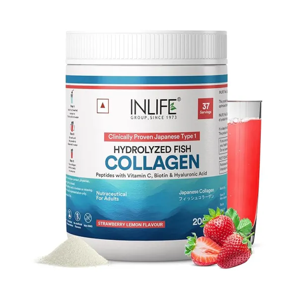 Inlife Japanese Marine Collagen Supplements for Women & Men | Clinically Proven Ingredient with Biotin, Hyaluronic Acid, Vitamin C & Glucosamine (200g, Strawberry)