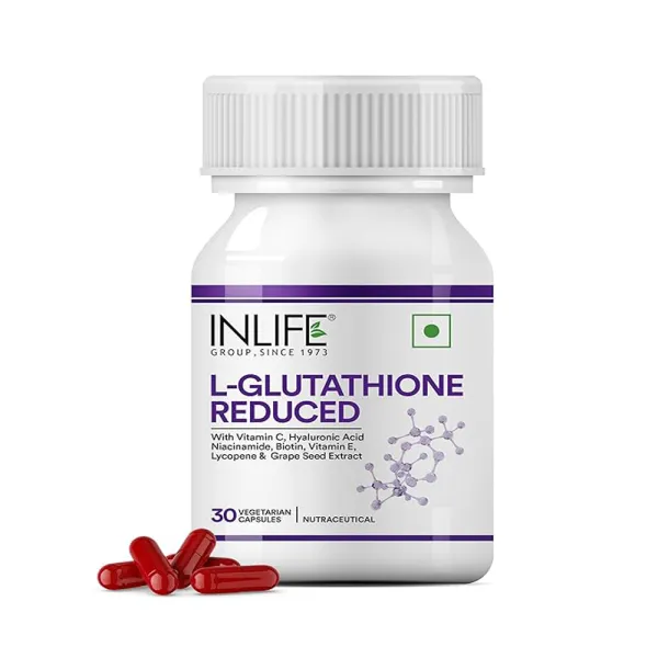 Inlife L-Glutathione Reduced 500mg | Grape Seed Extract, Vitamin C, Hyaluronic Acid, Niacinamide, Vitamin E, Lycopene & Biotin | 30 Vegetarian Capsules (Pack of 1)