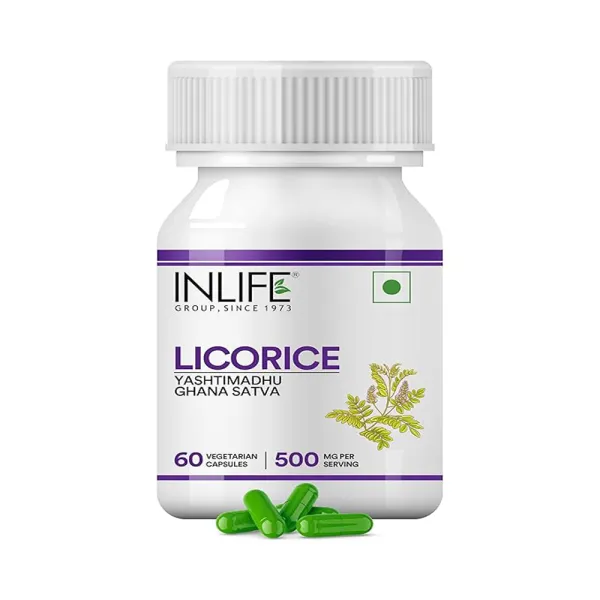 Inlife INLIFE Licorice Root Extract (Yasthimadhu) Standardized to >20% Glycyrrhizinic Acid Supplement, 500 mg - 60 Vegetarian Capsules (Pack of 1)