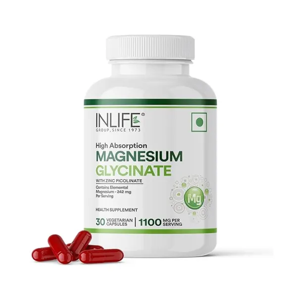 Inlife Magnesium Glycinate Supplement 1100mg with Zinc Picolinate 52.6mg Per Serving | Chelated Bisglycinate Form for Higher Absorption | For Men Women - 30 Vegetarian Capsules (Pack of 1, 30, count)